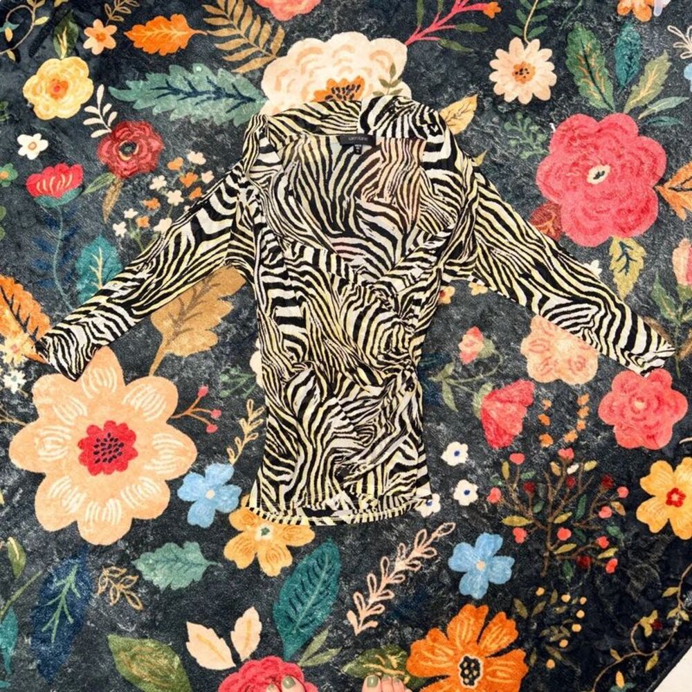 • Karen Kane Zebra Stripe Mesh Blouse Sheer Trendy Animal Print XL